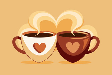 Two heart-shaped coffee cups with steam