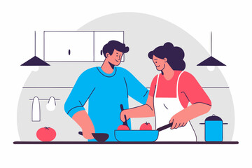 Couple cooking together in kitchen