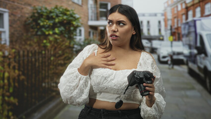 Fototapeta premium Woman holding dslr camera with hand to chest and pointing finger on street, wearing white lace blouse and crop top; annoyance defiance.
