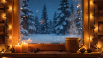 Warm candlelight, pinecone, and steaming mug create cozy winter atmosphere on wooden windowsill, with snow covered trees and frosted glass outside, evoking peaceful holiday feelings