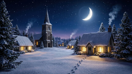 Snowy village night with cozy cottages, glowing windows, crescent moon, starry sky, church, pine trees, and fresh footprints in peaceful winter landscape