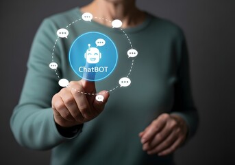 Person touching a chatbot icon with speech bubbles on a screen in a dark gray background scene