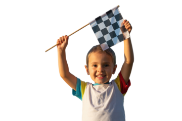Boy Waving Checkered Flag Isolated