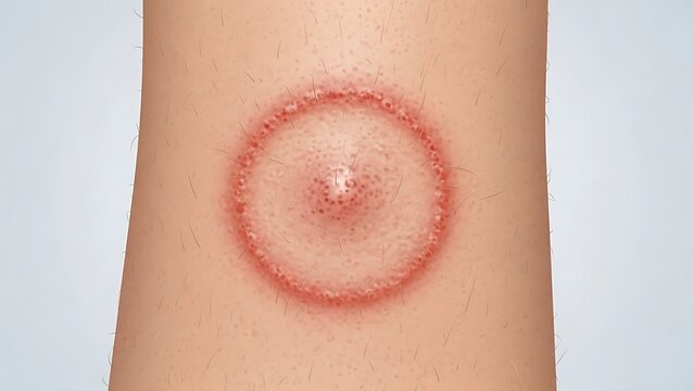 Close-up detailed illustration of a circular red inflammatory rash on human skin, resembling ringworm or tinea corporis.
