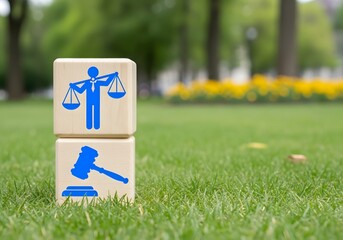 Two wooden blocks stacked on green grass with law and justice symbols in a park setting outside