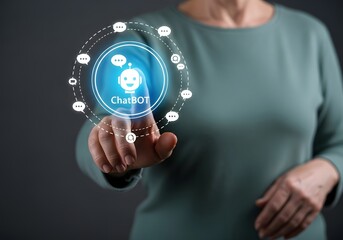 Woman touching a chatbot icon on a digital interface with speech bubbles and a smiling robot face