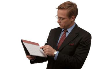 Businessman checking calendar, isolated