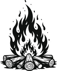 Vintage Woodcut Campfire Art | Bold Black & White Tattoo Flame Vector