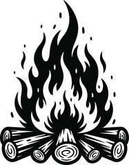 Vintage Woodcut Campfire Art | Bold Black & White Tattoo Flame Vector