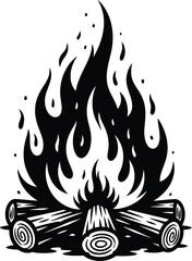 Vintage Woodcut Campfire Art | Bold Black & White Tattoo Flame Vector