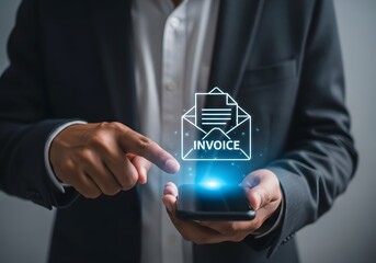 A businessman interacting with an invoice icon on a smartphone in a professional setting