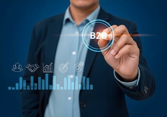 A businessman drawing business to business concept on a digital screen with a blue background