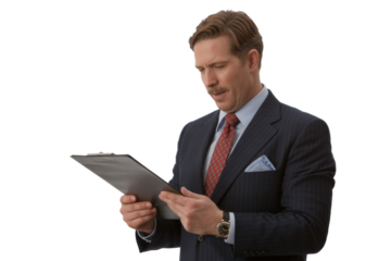 Businessman reading clipboard, isolated