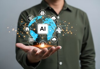 A man holding a digital globe with ai icon and various icons floating around it in his open hand