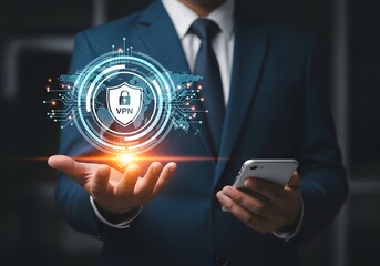 A man holding a phone with a vpn shield graphic above his hand in a dark suit and tie outfit