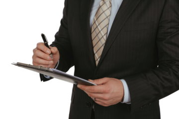 Businessman writing on clipboard, isolated