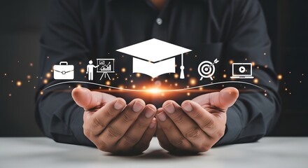 A person holding education and career icons in their hands with a bright light in the center