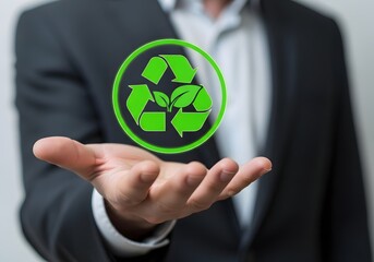 A person in a suit holding a glowing green recycling symbol in the palm of their open hand out
