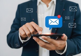 A person in a suit holding a smartphone with an email notification and envelope icons around it