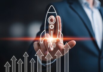 A person in a suit touching a rocket ship graphic with upward pointing arrows below it on a screen