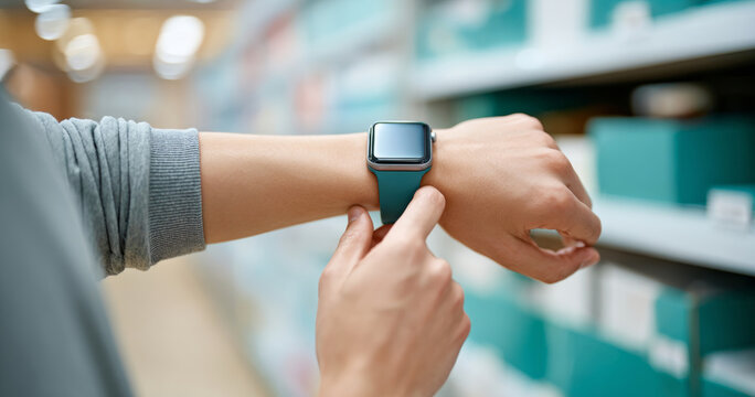 Person adjusting a smartwatch on wrist in a retail store with blurred shelves in the background, close-up of hands and wearable technology - Powered by Adobe