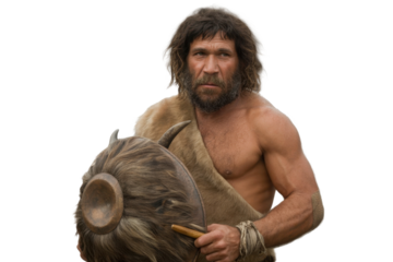 Caveman Holding Shield with Transparent Background