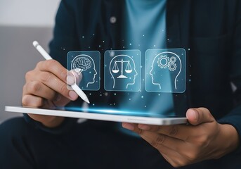 A person using a stylus on a tablet displaying brain scales and gears icons in a digital interface