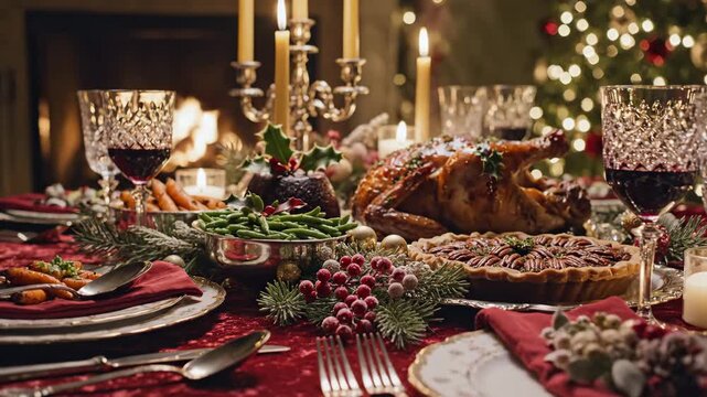 Festive Christmas Dinner Table - A beautifully set holiday dinner table features a roast turkey, pecan pie, green beans, roasted carrots, plum pudding, and red wine in crystal glasses.