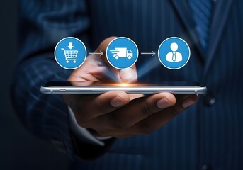 Hand holding phone displaying shopping cart delivery truck and client icons in sequence order