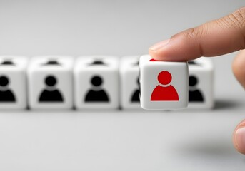 Hand selecting a red figure from a line of white dice with black figures on a gray background