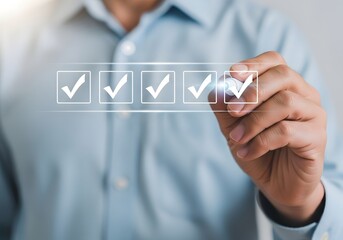 Man completing a checklist with a pen, marking boxes with checkmarks on a digital interface screen