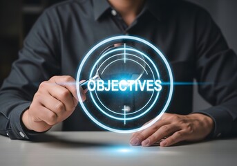 Man holding magnifying glass over objectives target with glowing blue light and concentric circles
