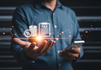 Man holding phone presenting tax and finance icons in hand with glowing light effects around it