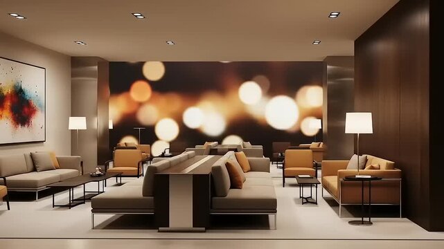 Modern airport lounge interior with orange and brown furniture and soft bokeh.