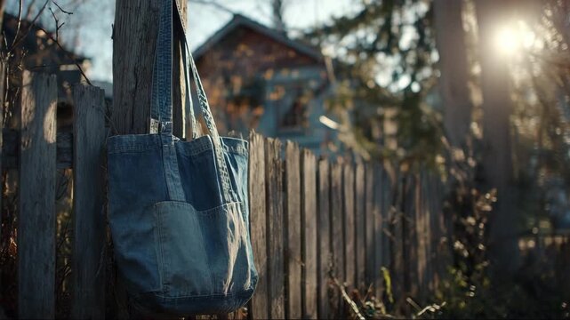 Denim bag hanging on wooden fence with sunlight in background  