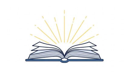 Open book illustration with bright radiating light beams symbolizing knowledge discovery wisdom learning and enlightenment on a clean white background
