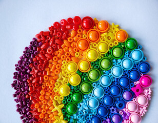 Vibrant rainbow circle of diverse plastic toy pieces. This colorful arrangement symbolizes unity, creativity, and inclusion. A perfect highenergy background for crafts or design projects.