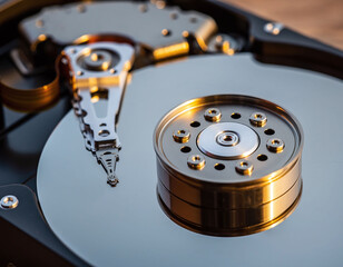 A macro view of an open hard disk drive platter and actuator arm. The warm lighting highlights technical precision, ideal for IT hardware, data security, and digital storage concepts.