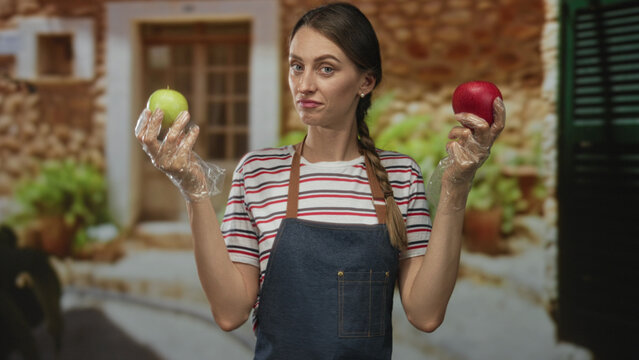 Woman holding green and red apples with gloved hands comparing them on an old town street; indecision choice healthy.