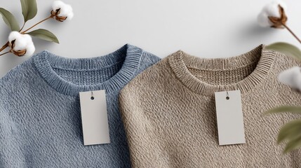 Two neutral-toned sweaters with blank tags, surrounded by cotton plants