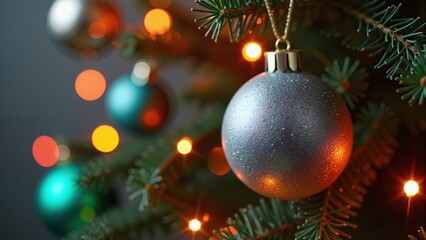 Silver ball and colorful lights on Christmas tree
