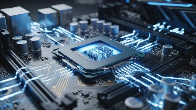 Illuminated Computer Motherboard and CPU - A macro shot showcases a computer motherboard with a central processing unit (CPU) radiating a blue glow.