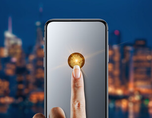 Secure your personal data with advanced biometric fingerprint scanning on a modern smartphone. This hightech concept symbolizes digital safety and privacy in a vibrant urban setting.