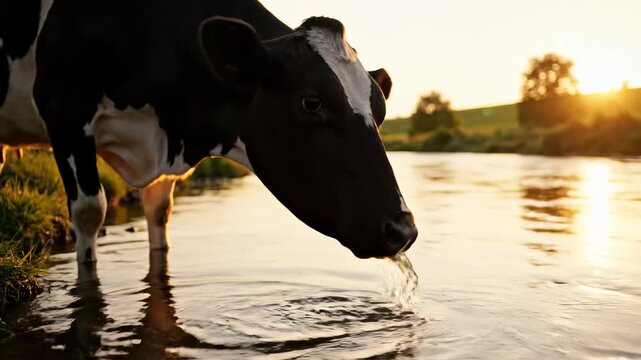 Cow Drinking from Stream at Sunset - A Holstein cow drinks from a gentle stream at sunset, the golden light reflecting off the water.