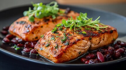 Two pan-seared salmon fillets, golden-brown and crispy, sit on a dark plate.  Fresh microgreens garnish each fillet.  Small, dark red/purple beans are beneath and around the fish