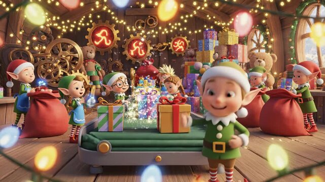 Santa's Workshop Animated Scene - Animated depiction of Santa's workshop with elves packing presents and loading them onto a conveyor belt.