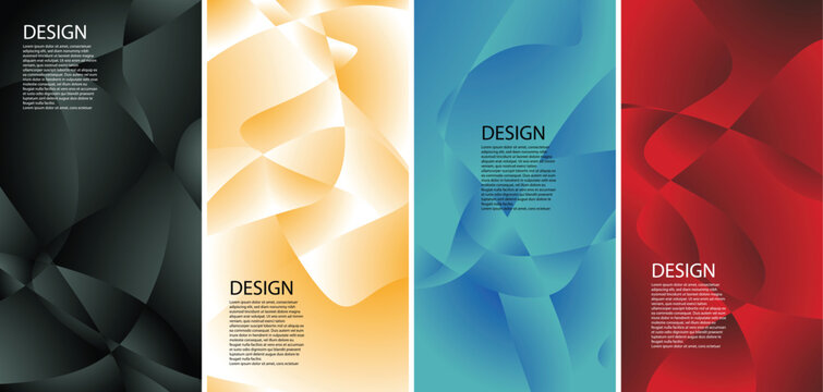 Collection of modern abstract gradient poster backgrounds with smooth layered flowing shapes and dynamic color transitions. Contemporary vertical designs featuring dark and vibrant tones, suitable for