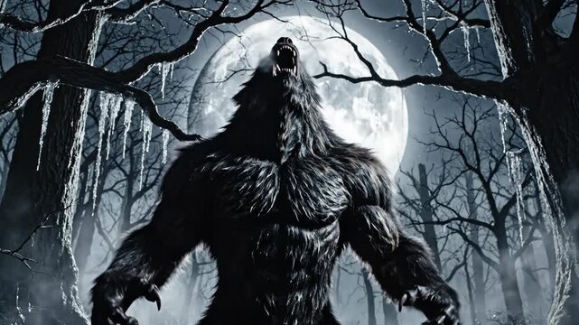 Howling Werewolf Under Full Moon - A large, muscular werewolf stands in a wintry forest clearing, howling at the full moon.