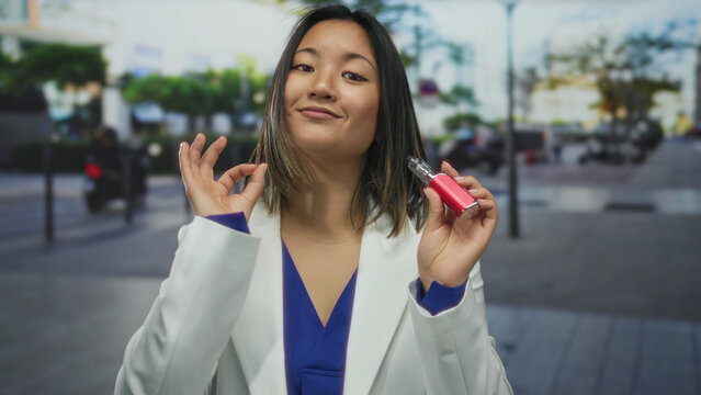 Woman in white blazer holding ecigarette on urban street in city outdoors, gesturing ok symbol with fingers, indicating approval or satisfaction, during daylight. - Powered by Adobe