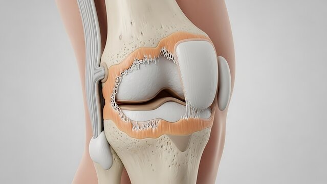 A 3D anatomical visualization showing the effects of severe osteoarthritis on the human knee joint, illustrating eroded cartilage, bone spurs, and joint capsule structures.